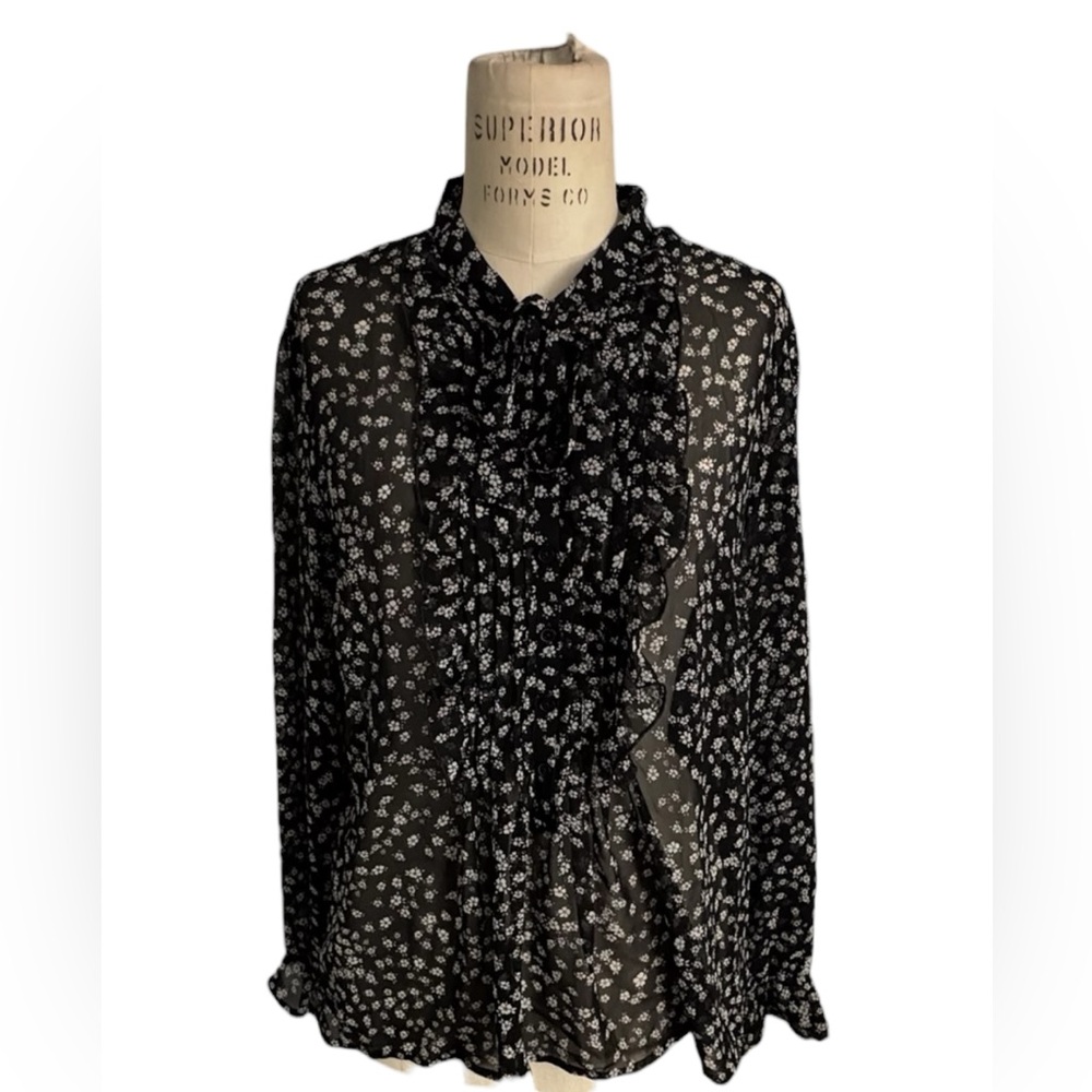 Express Black White Floral Blouse Ruffle Front Sheer Tie Neckline Office Size M - Picture 11 of 11